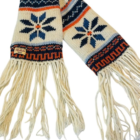 Extra Long 115" Vintage Hollister Lambs Wool Knit Scarf  Fringe Nordic Snowflake - Picture 3 of 8